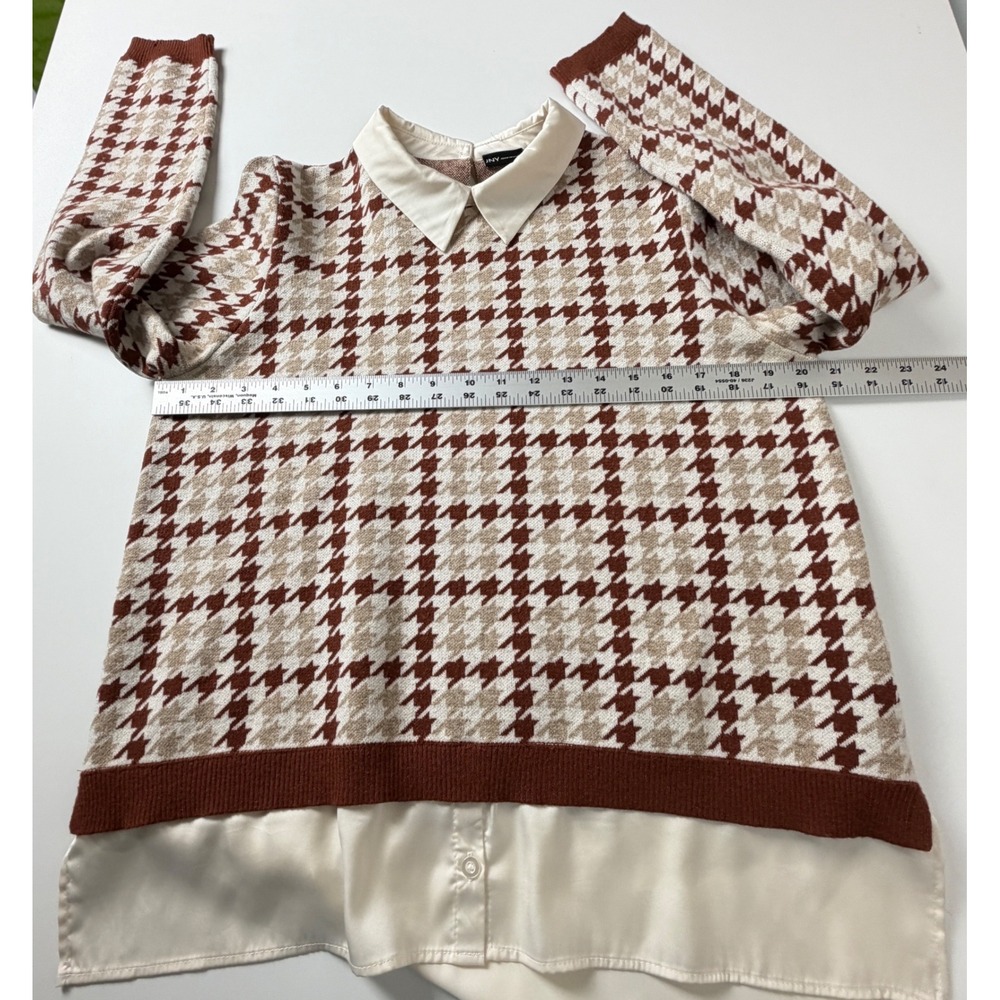 Jones New York Sweater Women XL Brown Houndstooth Layered Collar Mixed Media - Picture 6 of 13